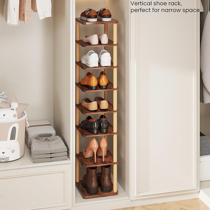LUCKNOCK Vertical Shoe Rack, 8-Tier Tall Narrow Shoe Organizer for Entryway, Closet, Dorm & Small Spaces, Freestanding Wooden Shoe Shelf Tower for Boots, Sneakers, Heels. (Rustic Brown) - Image 5