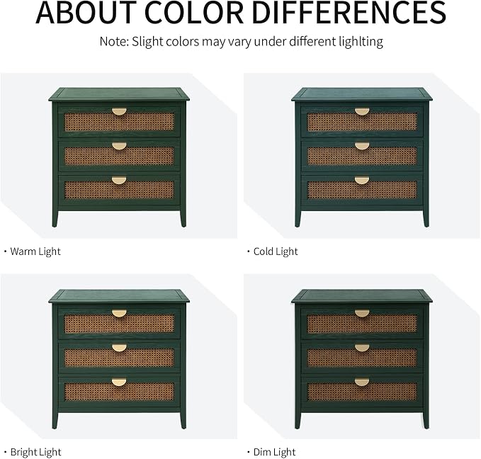 31.5" Wide Rattan Nightstand with 3 Drawers, Modern Boho Storage Cabinet with Solid Wood Legs & Golden Handles, Large Accent Table for Bedroom, Green, 2 PC - Image 8