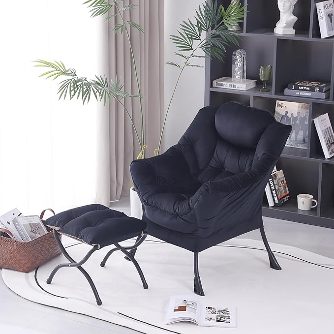 MBOOYOME Lazy Chair with Folding Ottoman, Modern Accent Lounge Armchair with Armrests, a Side Pocket & Foldable Footstool, Leisure Reading Chair for Living Room, Bedroom, Dorm & Office, Velvet Black