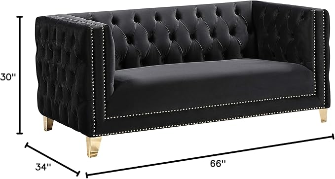 Meridian Furniture 652Black-L Michelle Collection Modern | Contemporary Loveseat with Deep Button Tufting, Gold Nailhead Trim and Sturdy Gold Iron Legs, Black Velvet, 66" W x 34" D x 30" H