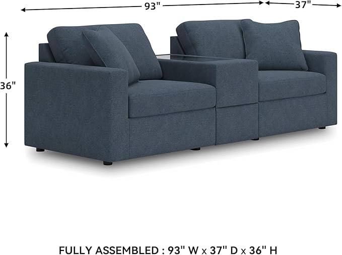 Signature Design by Ashley Modmax Contemporary Modular Stain Resistant 3-Piece Sectional with Storage Console, Drawer and 2 Accent Pillows, Blue