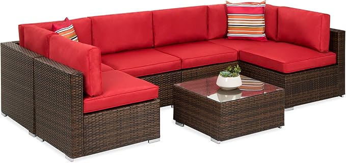 Best Choice Products 7-Piece Modular Outdoor Sectional Wicker Patio Conversation Set w/ 2 Pillows, Coffee Table, Cover Included - Brown/Red