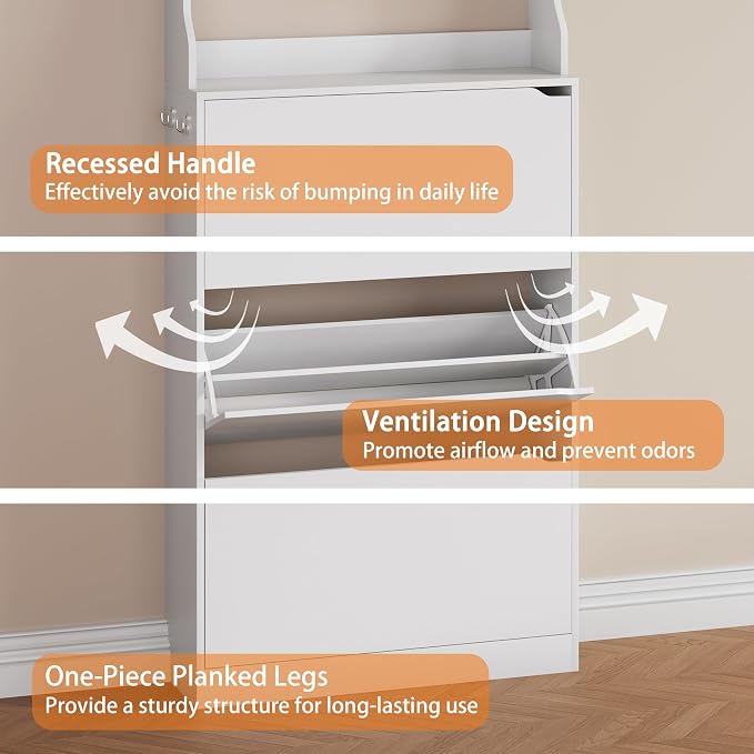 Shoe Cabinet for Entryway, White, 31.5 * 9.37 * 78.74 Inch, 3 Flip Drawers, 3 Shelves, Modern Style - Image 5