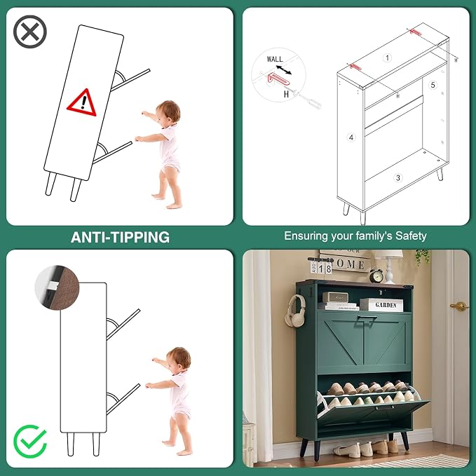 Barnyatoh Shoe Storage Cabinet,Farmhouse Shoe Organizer with 2 Flip Drawers & Barn Door Design,Freestanding Hidden Slim Narrow Shoe Rack Cabinet with Open Storage for Entryway, Foyer,Hallway,Green - Image 7