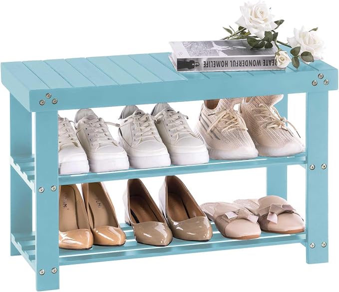 Apicizon Bamboo Shoe Rack for Entryway, 3-Tier Shoe Rack Bench for Front Indoor Entrance, Small Shoe Organizer with Storage, Blue by APICIZON