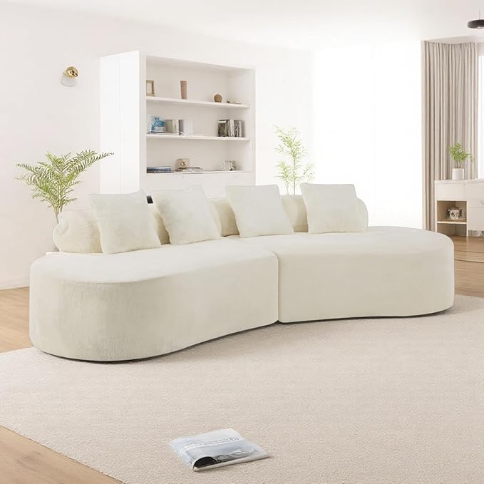 Curved Multi-Seater Sofa, Modern Modular Sofa with Cylindrical Backrest & 4 Coordinating Pillows, 111'' Flannelette Leisure Combination Couch with Ergonomic Design for Living Room, White