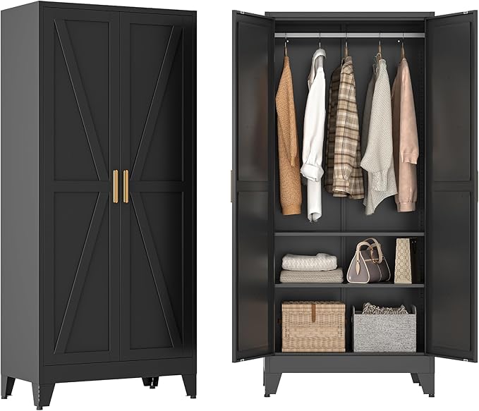 Metal Wardrobe Closet with Doors and Shelves, 71" Farmhouse Bedroom Armoire with Hanger Rod and Clothing Shelf, White Steel Wardrobe Cabinet Storage Clothes Closet