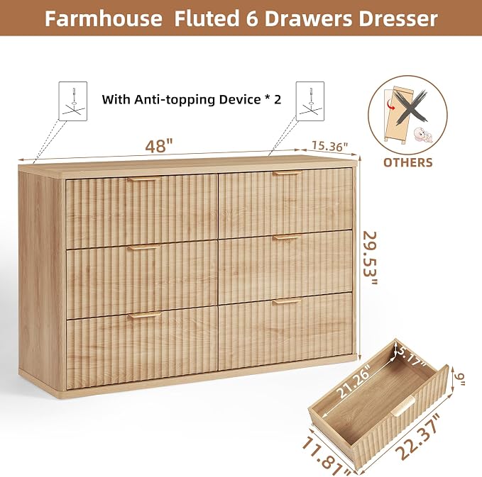 LEYAOYAO Fluted 6 Drawers Dresser for Bedroom, 48" Wide Modern Chest of Drawers with Metal Handle, Natural Curved Profile Farmhouse Closet Organizer Wood Dressers TV Stand for Living Room, Hallway - Image 2