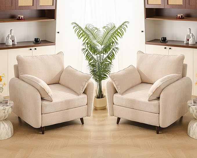 Rexulqo Oversized Accent Chair Set of 2,All Seats Storage,Comfy Armchair,24.5'' Deep Seat,Upholstered Living Room Chairs,Reading Chair for Bedroom,Office,Chenille,Cream