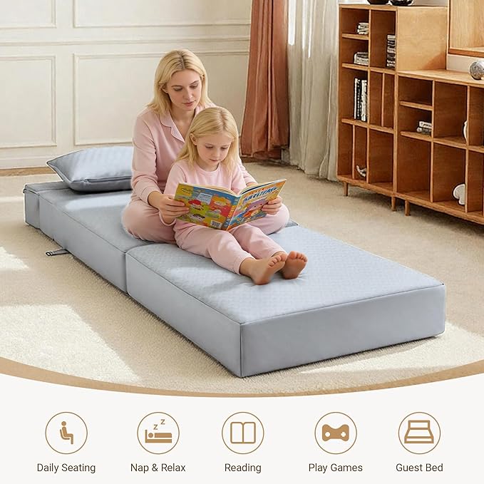 BeBen Folding Sofa Bed, Boneless Foldable Chair Bed, Convertible Futon Sleeper Chair Couch, Single Lazy Floor Lounger Sofa Couch for Small Spaces, Dorm, Guest Room, Living Room, Apartment, Grey