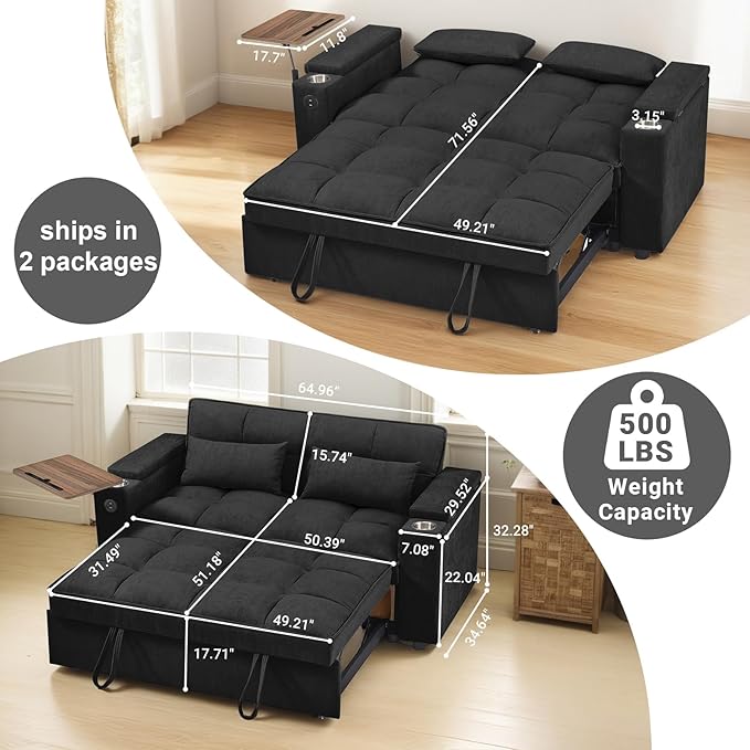 3 in 1 Sofa Bed, 65 Inches Convertible Loveseat Sleeper with Side Table, Pull Out Couch with 3 Level Adjustable Backrest, Chaise Lounge with USB and Type-C Ports for Living Room, Jet Black