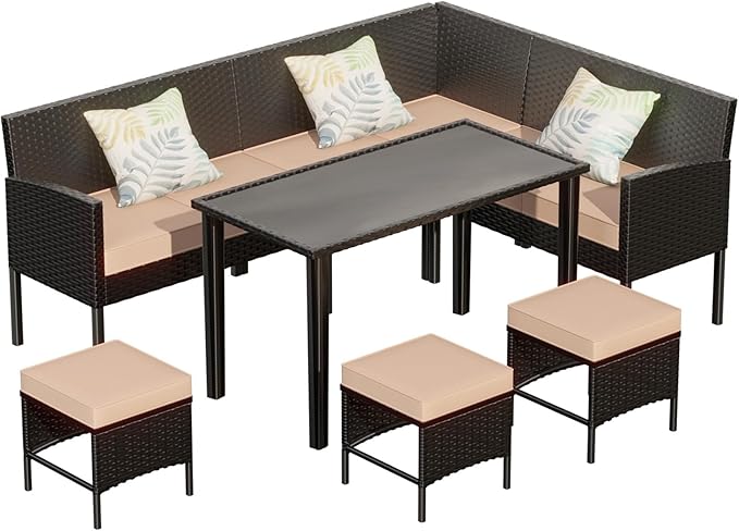 7-Piece Outdoor Patio Furniture Set, Wicker Sectional Sofa with Cushions & 3 Pillows, All-Weather Conversation Set with Long Glass Coffee Table for Garden, Porch, Lawn, Khaki