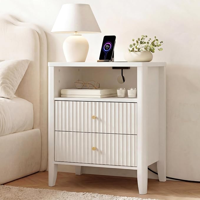 Nightstand with Charging Station, 21" Fluted Bedside Table with 2 Drawers & Open Shelf, Modern End Table with Storage for Bedroom, Alabaster White by Unknown