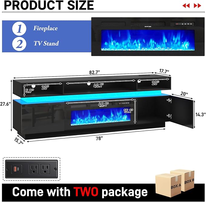 chartustriable Fireplace TV Stand for 95" TV, 83" LED Entertainment Center with 40" Fireplace & Power Outlets, High Gloss TV Stand, Gaming TV Media Console for Living Room, 83 Inch, Black - Image 2