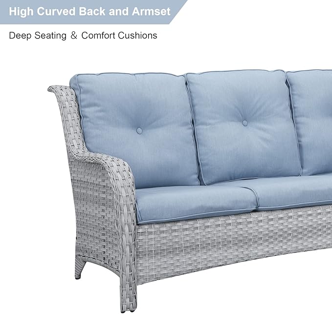 HUMMUH Patio Furniture 6 Pieces Outdoor Furniture Set Wicker Outdoor Sectional Sofa with Swivel Rocking Chairs,Patio Ottomans,Patio Coffee Table(Light Grey/Light Blue)