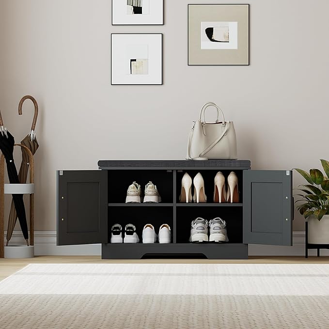 HOMSHO 2-Tier Storage Bench, 27.6" Wide Shoe Bench with Padded Seat Cushion, Entryway Bench with 2 Barn Doors and Adjustable Shelf, Black - Image 4