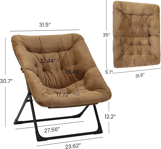 Comfy Saucer Chair for Adults, Soft Faux Fur Bedroom Chair, Accent Dorm Chairs, Flexible Living Room Reading Chairs, Oversized Folding Seat for Teens, X-Large, Brown