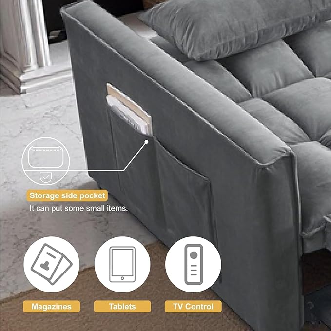 3 in 1 Convertible Sofa Bed, Love Seat Sleeper Bed with Side Pockets, Velvet Fabric Pull Out Couch with Adjustable Backrest for Living Room, Bedroom, Apartment, Dark Gray