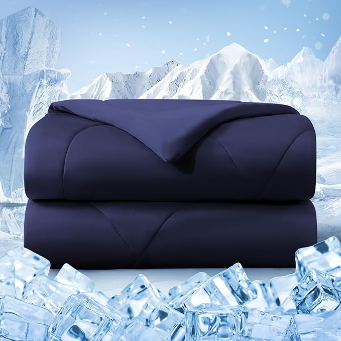 Cooling Comforter Twin Size, Double-Sided Cold Tech Fabric Quilted Bed Comforters Cooling Blanket for Hot Sleepers, Breathable Lightweight Summer Bedding, All-Season Ice Blanket, Navy Blue