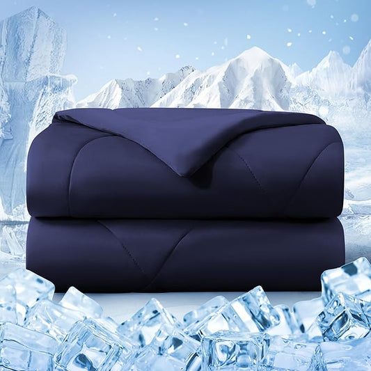 Cooling Comforter Twin Size, Double-Sided Cold Tech Fabric Quilted Bed Comforters Cooling Blanket for Hot Sleepers, Breathable Lightweight Summer Bedding, All-Season Ice Blanket, Navy Blue