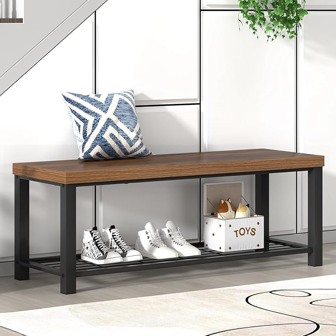 FOLUBAN Shoe Bench, Modern Wood and Metal Storage Bench for Entryway Hallway, Industrial Indoor Bedroom Bench Seat for Living Room, Mudroom, Rustic Walnut, 47 Inch - Image 3
