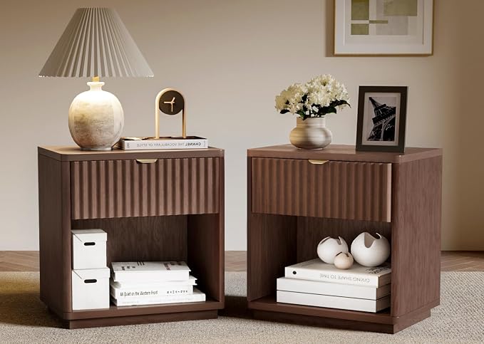 Nightstands Set of 2, Nightstand with Drawers Bedside Table End Table, Modern Fluted Nightstand Bed Side Table for Bedroom Living Room Home Office (Walnut) by SnuHome
