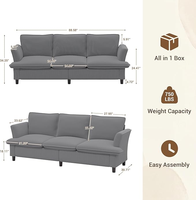 3 Seater Corduroy Couch, 89" Comfy Couch with Deep Seat, Modern Sofa Couch for Living Room, Office, Bedroom, Apartment (Pillows not Included) | Breathable material, Pet - friendly, Strong support