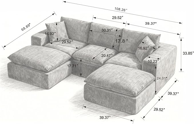 Cloud Modular Sectional Couches Boneless Sofa for Living Room, Oversized U Shaped Floor Couch with Movable Ottomans, Memory Foam Compressed 4 Seater Sofa for Bedroom Apartment | Plush, Wider Armrest, Free Combination
