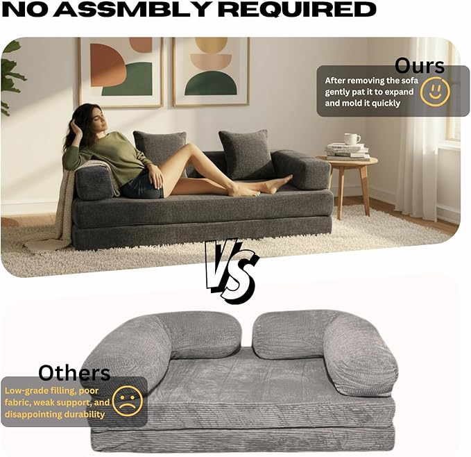 4-in-1 Folding Convertible Sofa Bed, 77" Floor Couch with Pillow - Chenille Fabric & High-Density Sponge & Fixed-Shape Frame, Modular Sofa for Living Room/Lounge/Studio, Dark Grey