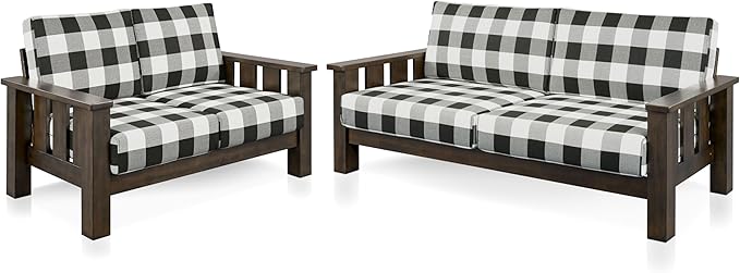 Furniture of America Gavik Modern 2-Piece Solid Wood Sofa Set with Plaid Removable Cushions, Black and White Upholstery Fabric, Comfortable Couch and Loveseat for Living Room, Dark Walnut