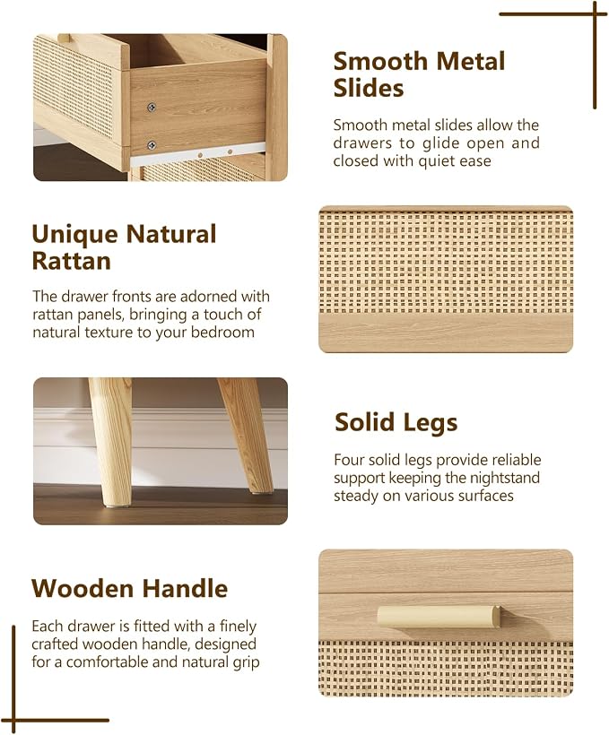 Keehusux 23.6" W Rattan Nightstand with Charging Station, Large Bedside Table with 2 Drawers, Wooden End Table with Solid Wood Legs, Boho Night Stand for Bedroom, Natural Oak KES009MECTG - Image 7