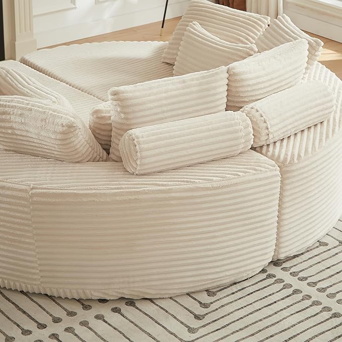 ERYE Oversized Round Sofa Chaise Daybed Comfy Corduroy Couch Boneless Sleeper Recliner Sofabed with 10 Pillows and Headrests