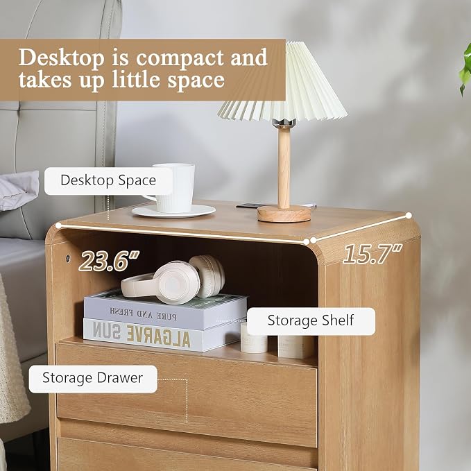 Modern Nightstands Set of 2, Oak Night Stand with Charging Station, Wood End Table with 2 Drawers, 23.6'' Wide Bedside Cabinet for Bedroom - Image 6