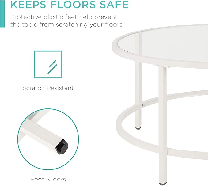 Best Choice Products 36in Modern Round Tempered Glass Accent Side Coffee Table for Living Room, Dining Room, Tea, Home Décor w/Metal Frame, Non-Marring Foot Caps - White