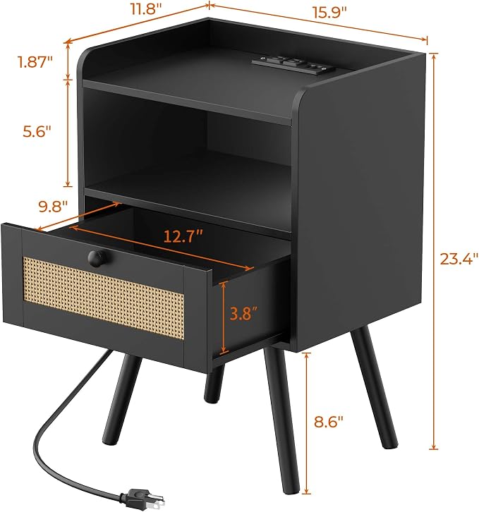 SUPERJARE Nightstands with Charging Station, Bedside Table Set of 2 with PE Rattan Drawers, Rattan Side Table with Storage & Solid Wood Feet, End Table for Bedroom, Black - Image 3