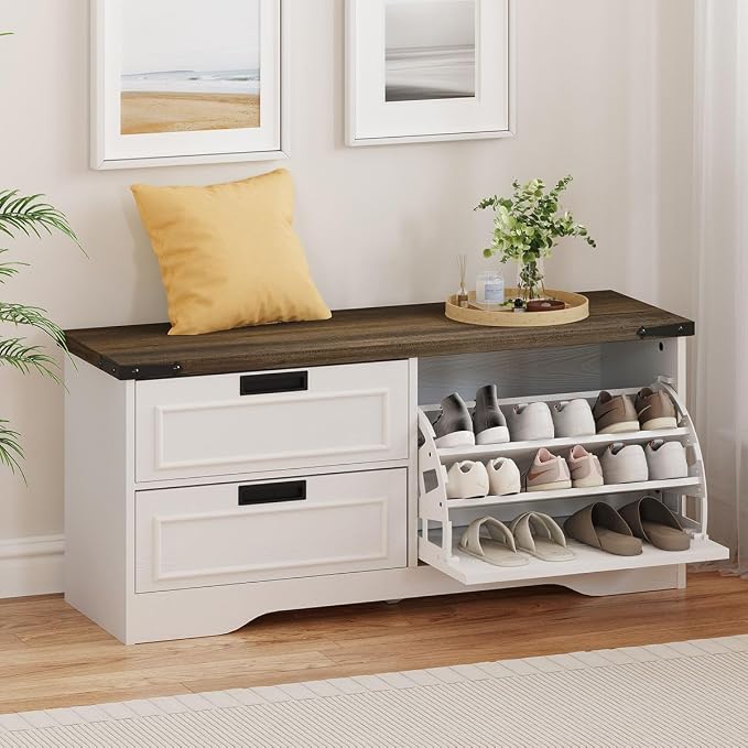 FATORRI Shoe Storage Bench with Flip Drawer, Wooden Entryway Bench, Modern Shoe Cabinet with Removable Drawers for Hallway, Living Room (Walnut Brown & White Oak) by FATORRI