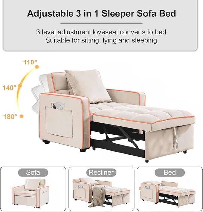 3 in 1 Convertible Sleeper Sofa Chair, 35" Pull Out Sofa Bed Recliner for Adult with Adjustable Backrest, Velvet Fabric Sleeper Couch Single Modern Chair for Living Room Bedroom, Cream White