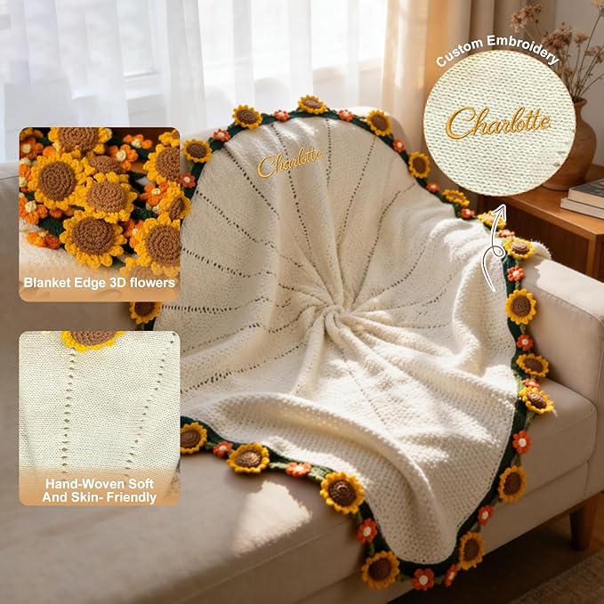Personalized Handmade Crochet Rose Flower Blanket Bouquet – Custom Name Gift for Mother's Day, Valentine’s Day, Mom or Girlfriend（Sunflowers）