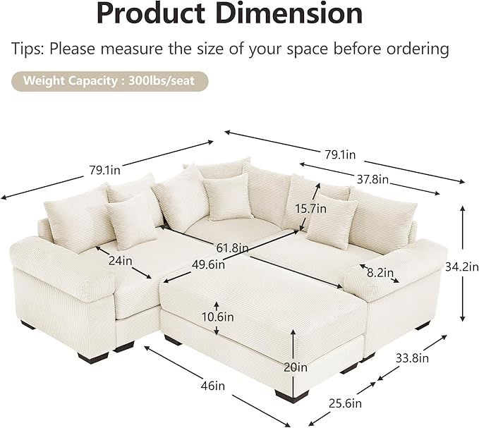 KEIKI 79" L-Shaped Oversized Corduroy Modular Cloud Sectional Sofa with 1 Ottoman, High-Density Foam Cushion, Extra-Thick Armrest, 3-Seater Fluffy Corner Couch with 10 Pillow, for Living Room, Beige
