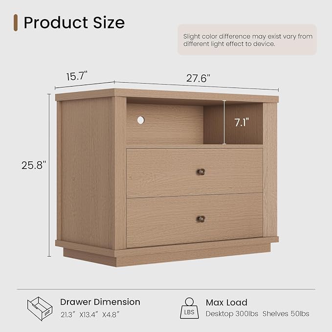 Night Stand Set of 2, Oversized Extra Large Nightstand with Charging Station, Tall Bedside Side Table with 2 Drawers Storage, Modern End Tables Wide Night Stands for Bedroom, White Oak - Image 2