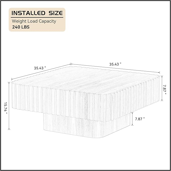 WILLIAMSPACE 35.43" Square Coffee Table with Sturdy Base, Modern Luxury Wood Drum Center Table Accent End Side Table for Living Room, Minimalist Fluted Design, Oak