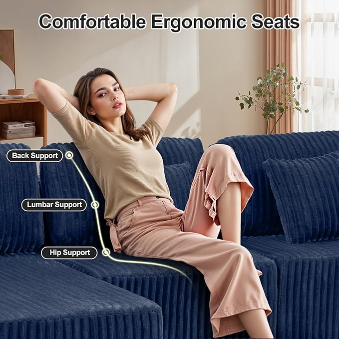 132 Inch U Shaped Modular Sectional Sofa with Dual Chaise, Oversized Corduroy Cloud Couch with Deep Seat, Boneless Modern Sofa for Living Room, No Assembly Required, Blue