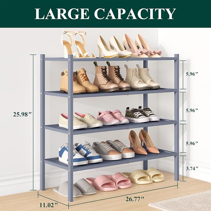 Smiry Bamboo Shoe Rack, 4 Tier Shoe Organizer for Entryway & Closet, Stackable Free Standing Storage Shelf for Shoes, Bags & Plants, Grey - Image 2