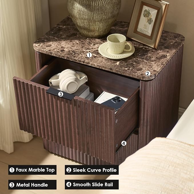 Fluted Nightstand Set of 2, 23" W Night Stand with 2 Drawers, Wood Bed Side Table with Faux Marble-Top, Curved Corner, Metal Handle, Modern Bedside Table for Bedroom, Living Room, Office, Dark Oak - Image 5
