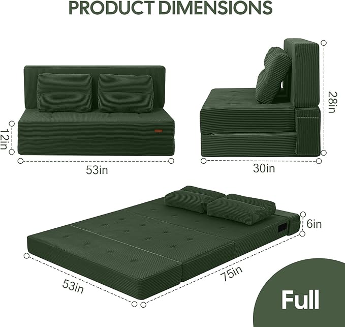 COMAX Folding Sofa Bed, Foldable Couch for Bedroom, Convertible Floor Sleeper Futon Chair Foam, Corduroy 3 in 1 Fold Out Chair Portable Comfy Lounge Couch Sofa Bed for Small Space, Full, Green