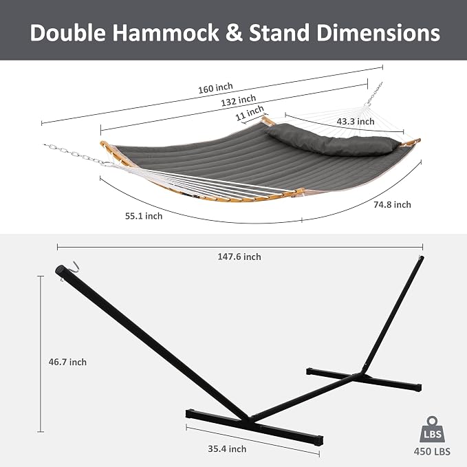 SUNCREAT Double Portable Hammock with Stand, 2 Person Hammock with Curved Spreader Bar, Balance Ropes Included, Dark Gray - Image 6