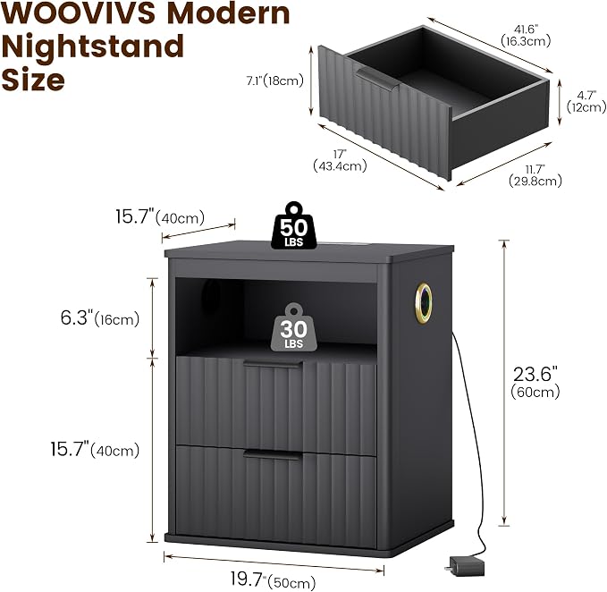 WOOVIVS Modern Nightstand Set of 2 with Fluted Design, Bluetooth Music and Sensor Charging Module, Farmhouse Bedside Table with Storage for the Bedroom, Natural (Grey-2PCS) - Image 3