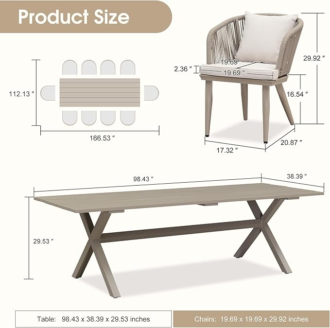PURPLE LEAF 11 Pieces Patio Dining Set Wicker Outdoor Furniture Rectangular Table and Chairs Set for Garden Deck Aluminum Frame Backyard Kitchen Set, Cushions and Pillows Included Champagne - Image 8
