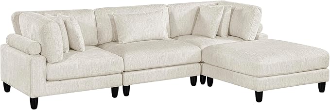 Lexicon 120 Inch Modular Sectional Sofa - Oversized 4 Seater Microfiber L Shaped Sectional Couch with Ottoman, 5 Accent Pillows, and Flexible Arrangement for Modern Living Rooms, Beige