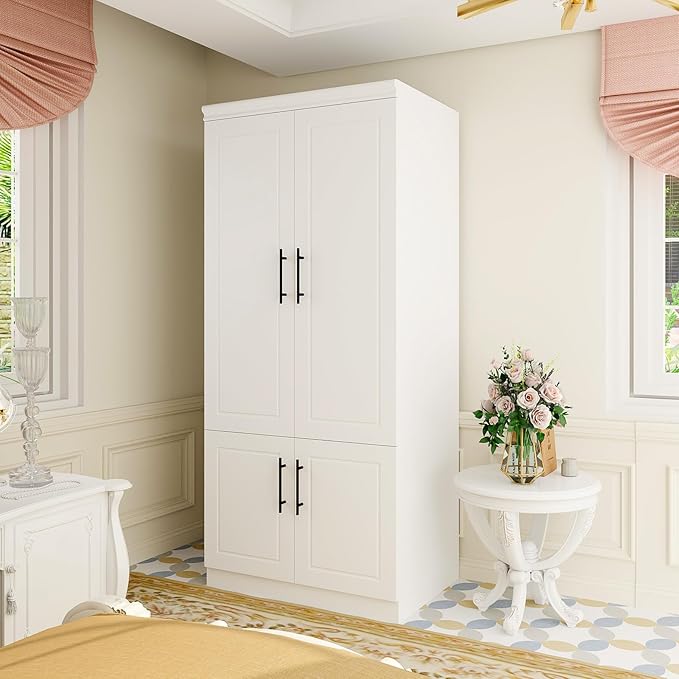 Armoire Wardrobe with Mirror, Bedroom Armoire Cabinet with Storage, Wood Closet with Hanging Rod (White - 52)
